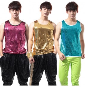 Sequins gold pink blue men's male man performance bar punk rock hip hop jazz dance singer competition tops tank vest costumes oufiits